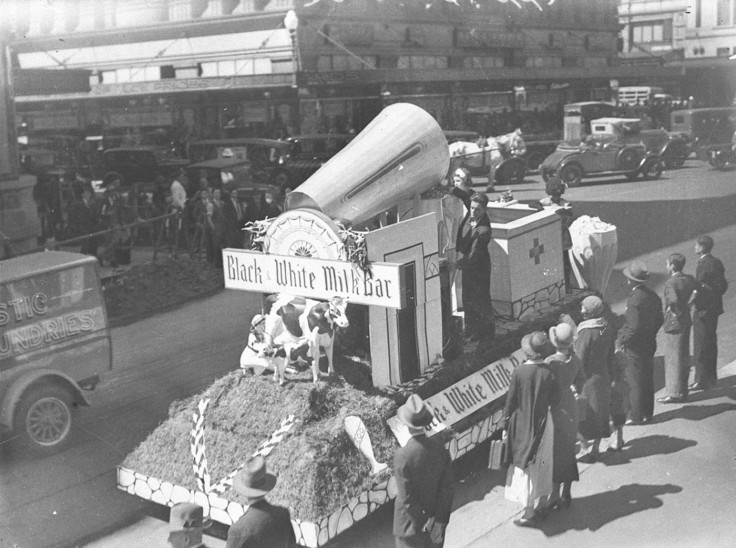 Black and White 4d milk bar float in a procession in Sydney, 1934 (State Library of NSW, Home and Away - 995)