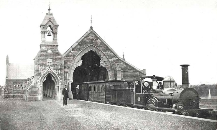 Rookwood station with a funeral train c1890 (SRNSW)